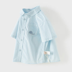 Dave&Bella Summer Toddler Boys Fashion Blue Striped Breathable Cotton College-style Shirts