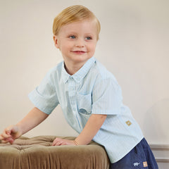 Dave&Bella Summer Toddler Boys Fashion Blue Striped Breathable Cotton College-style Shirts