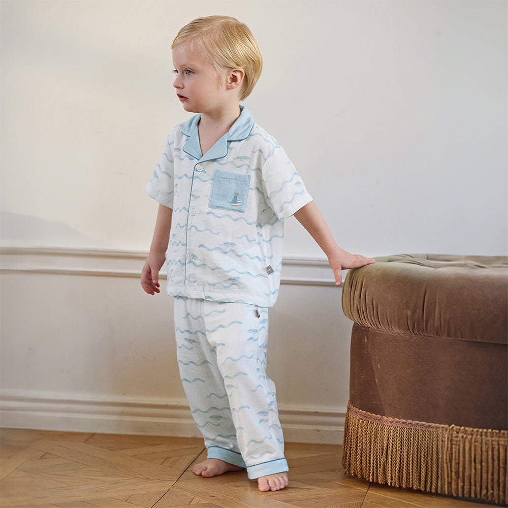 Dave&Bella Toddler Boys Summer Sea Blue Lightweight Indoor Comfortable Pajamas