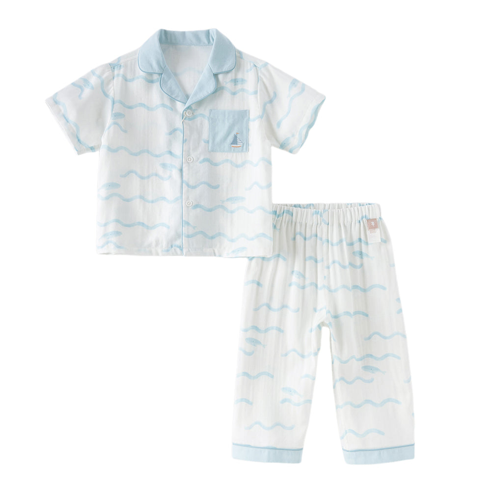 Dave&Bella Toddler Boys Summer Sea Blue Lightweight Indoor Comfortable Pajamas