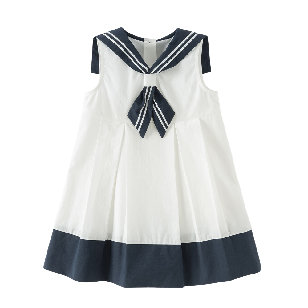 Dave&Bella Summer Toddler Girls White Preppy Soft Sleeveless Naval Collar Dress