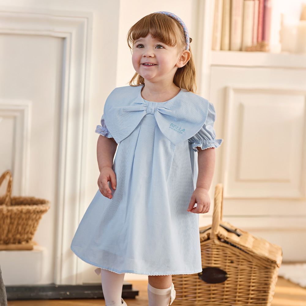 Dave&Bella Summer Toddler Girls Blue White Striped Round Collar Soft Casual Birthday Dress