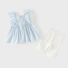 Dave&Bella Summer Toddler Girls Blue Sleeveless Breathable Cute Embroidered Outfit Sets