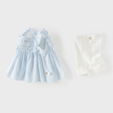 Dave&Bella Summer Toddler Girls Blue Sleeveless Breathable Cute Embroidered Outfit Sets