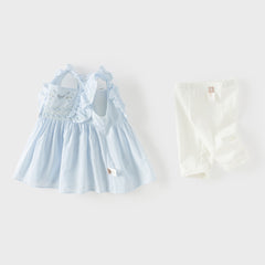 Dave&Bella Summer Toddler Girls Blue Sleeveless Breathable Cute Embroidered Outfit Sets