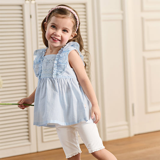 Dave&Bella Summer Toddler Girls Blue Sleeveless Breathable Cute Embroidered Outfit Sets