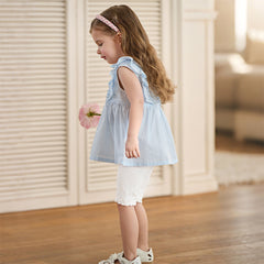 Dave&Bella Summer Toddler Girls Blue Sleeveless Breathable Cute Embroidered Outfit Sets