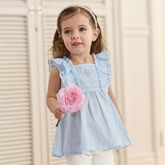 Dave&Bella Summer Toddler Girls Blue Sleeveless Breathable Cute Embroidered Outfit Sets