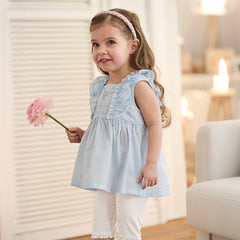 Dave&Bella Summer Toddler Girls Blue Sleeveless Breathable Cute Embroidered Outfit Sets