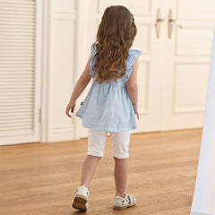 Dave&Bella Summer Toddler Girls Blue Sleeveless Breathable Cute Embroidered Outfit Sets