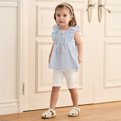 Dave&Bella Summer Toddler Girls Blue Sleeveless Breathable Cute Embroidered Outfit Sets