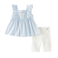 Dave&Bella Summer Toddler Girls Blue Sleeveless Breathable Cute Embroidered Outfit Sets