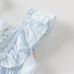 Dave&Bella Summer Toddler Girls Blue Sleeveless Breathable Cute Embroidered Outfit Sets