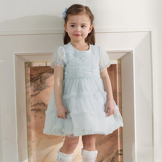 Dave&Bella Summer Toddler Girls Lake Blue Short Sleeve Casual Mesh Birthday Dress