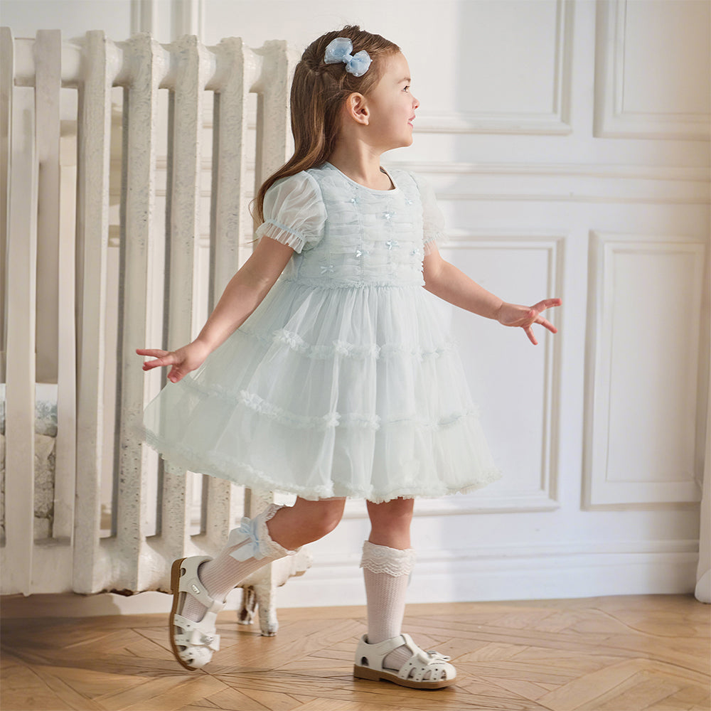 Dave&Bella Summer Toddler Girls Lake Blue Short Sleeve Casual Mesh Birthday Dress