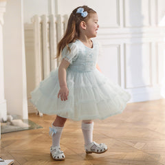 Dave&Bella Summer Toddler Girls Lake Blue Short Sleeve Casual Mesh Birthday Dress