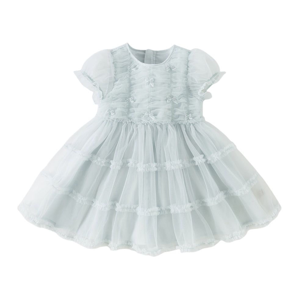 Dave&Bella Summer Toddler Girls Lake Blue Short Sleeve Casual Mesh Birthday Dress