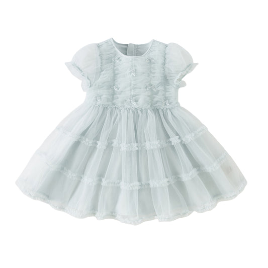 Dave&Bella Summer Toddler Girls Lake Blue Short Sleeve Casual Mesh Birthday Dress