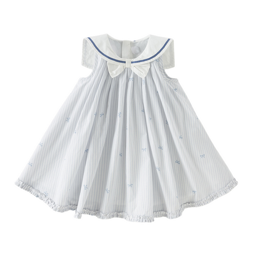 Dave&Bella Summer Toddler Girls Bow Print White Blue Striped Party Soft A-line Dress