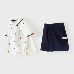 Dave&Bella Summer Toddler Boys College-style White Polo Collar Stretchable Outfit Sets