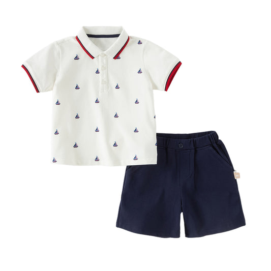 Dave&Bella Summer Toddler Boys College-style White Polo Collar Stretchable Outfit Sets