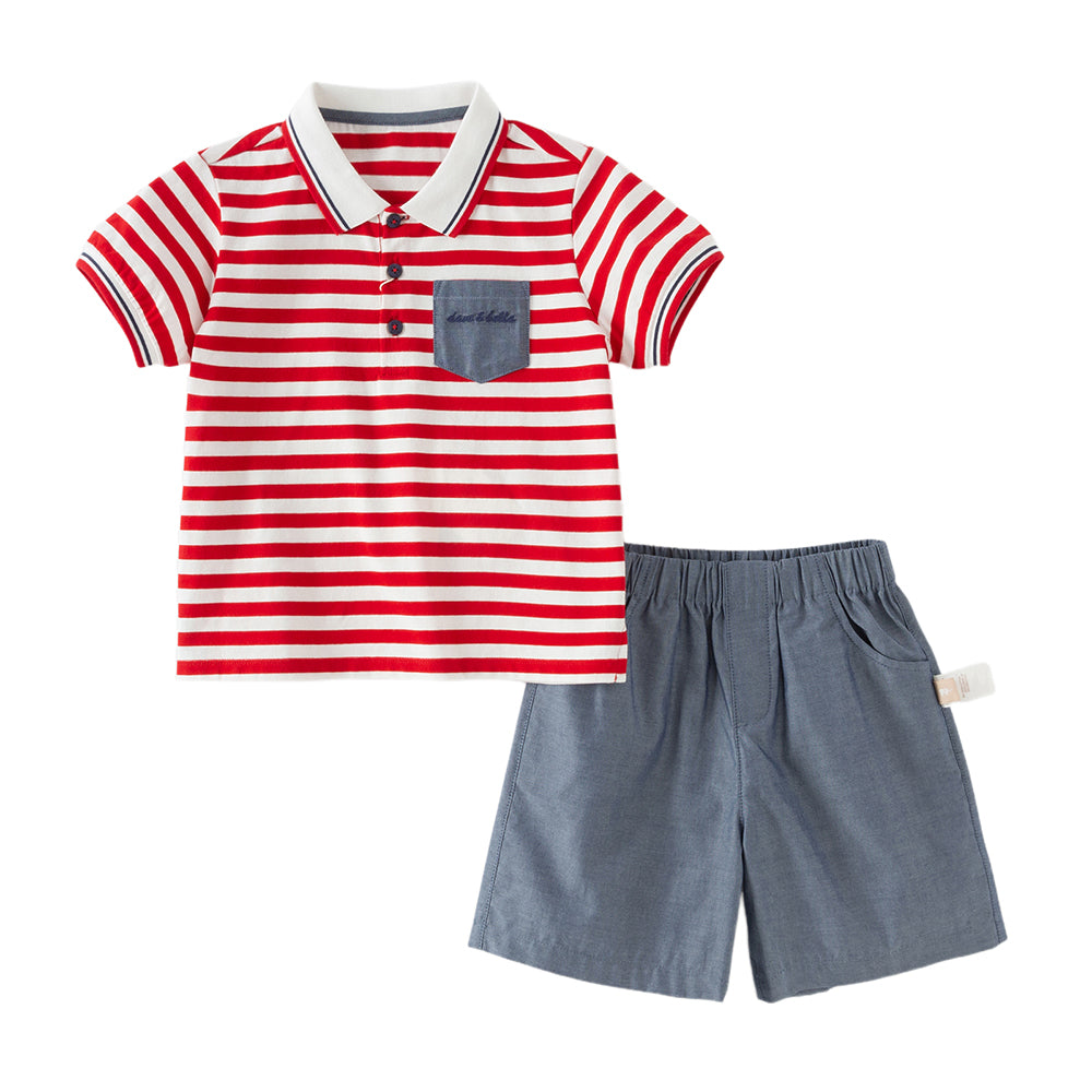 Dave&Bella Toddler Boys Summer Red Striped Breathable Cotton Everyday Outfit Sets