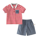 Dave&Bella Toddler Boys Summer Red Striped Breathable Cotton Everyday Outfit Sets