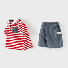 Dave&Bella Toddler Boys Summer Red Striped Breathable Cotton Everyday Outfit Sets