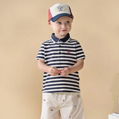 Dave&Bella Toddler Boys Summer College-style Blue White Striped Breathable Outfit Sets