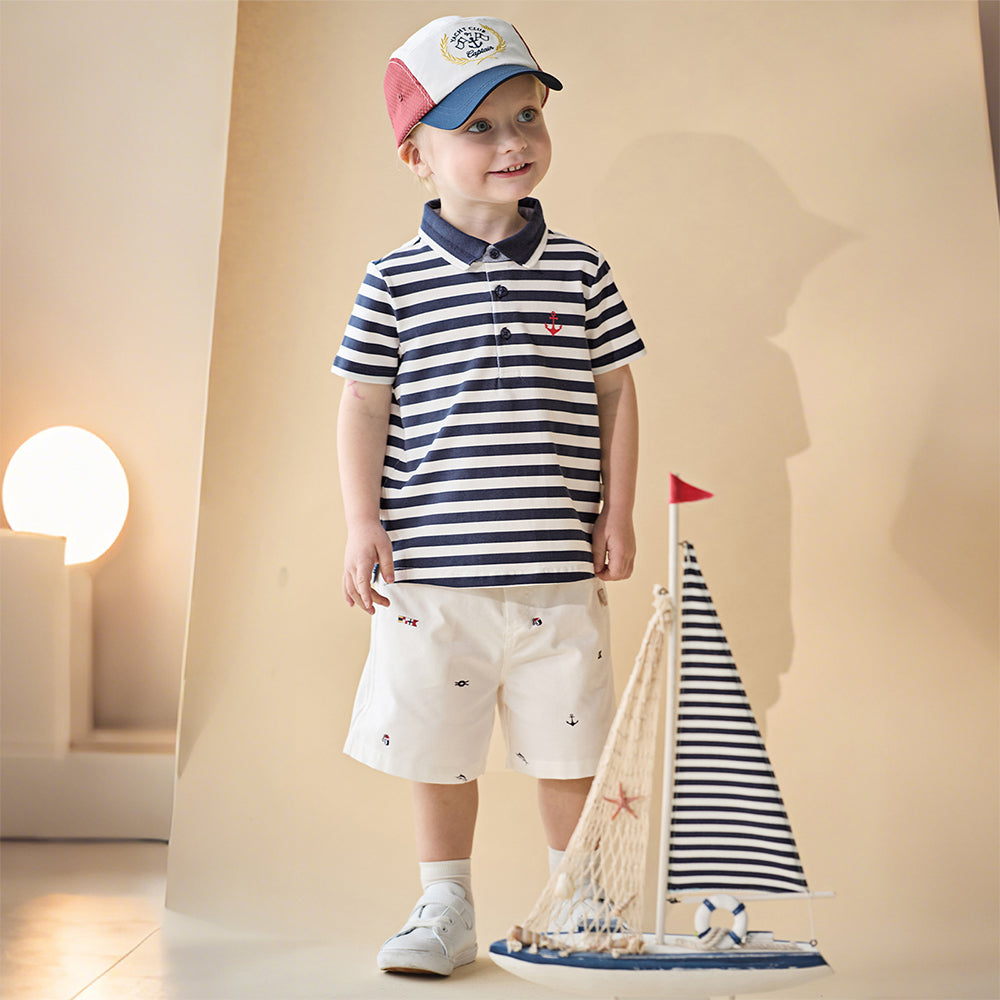 Dave&Bella Toddler Boys Summer College-style Blue White Striped Breathable Outfit Sets