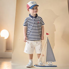 Dave&Bella Toddler Boys Summer College-style Blue White Striped Breathable Outfit Sets