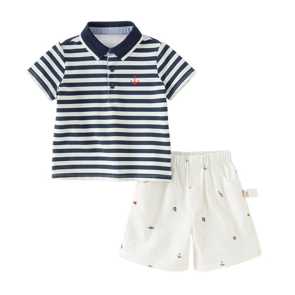 Dave&Bella Toddler Boys Summer College-style Blue White Striped Breathable Outfit Sets