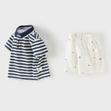Dave&Bella Toddler Boys Summer College-style Blue White Striped Breathable Outfit Sets