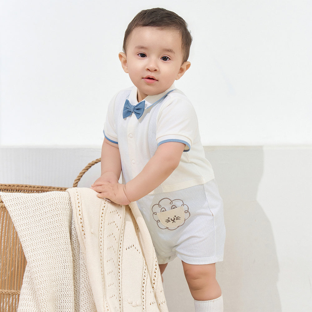 Dave&Bella Baby Boys Summer Casual Beige Cute Cartoon Short Sleeve Indoor Rompers