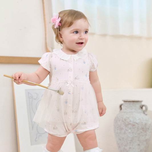 Dave&Bella Baby Girls Summer Cute Pink Print Lightweight Soft One-piece Rompers