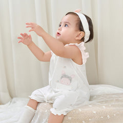 Dave&Bella Summer Baby Girls White Rabbit Print Cotton Breathable Soft Romper（Headband）