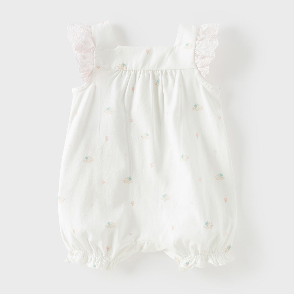 Dave&Bella Summer Baby Girls White Rabbit Print Cotton Breathable Soft Romper（Headband）