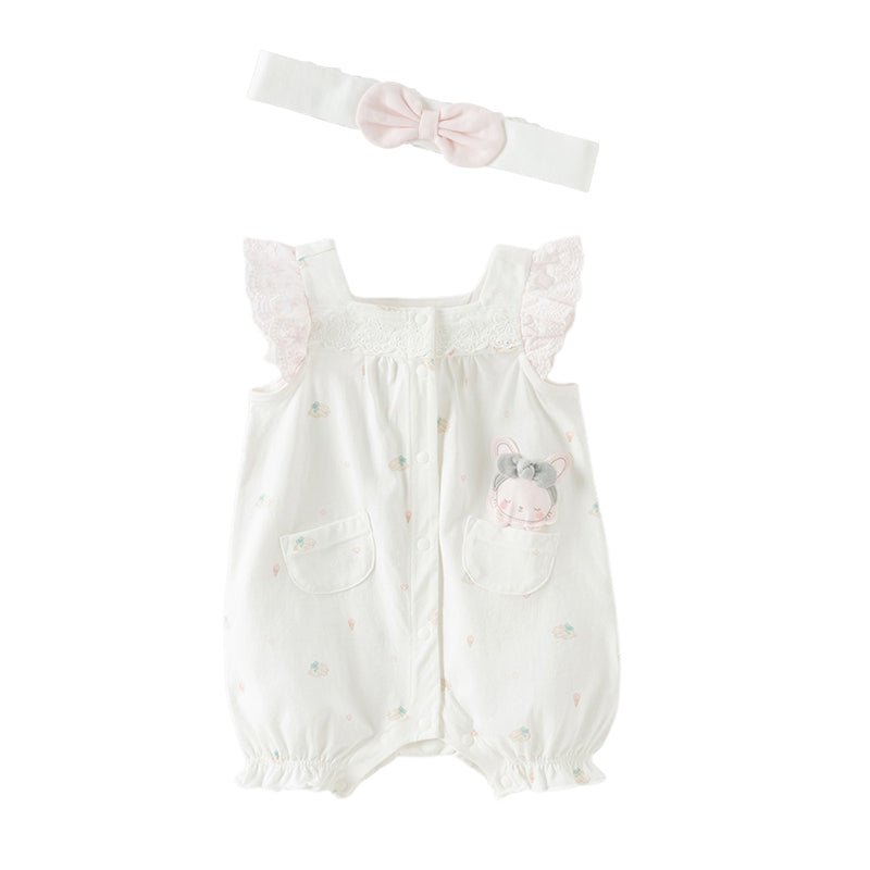Dave&Bella Summer Baby Girls White Rabbit Print Cotton Breathable Soft Romper（Headband）