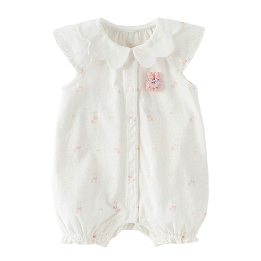 Dave&Bella Summer Baby Girls White Pink Rabbit Lightweight Cotton Cute Doll Collar Romper