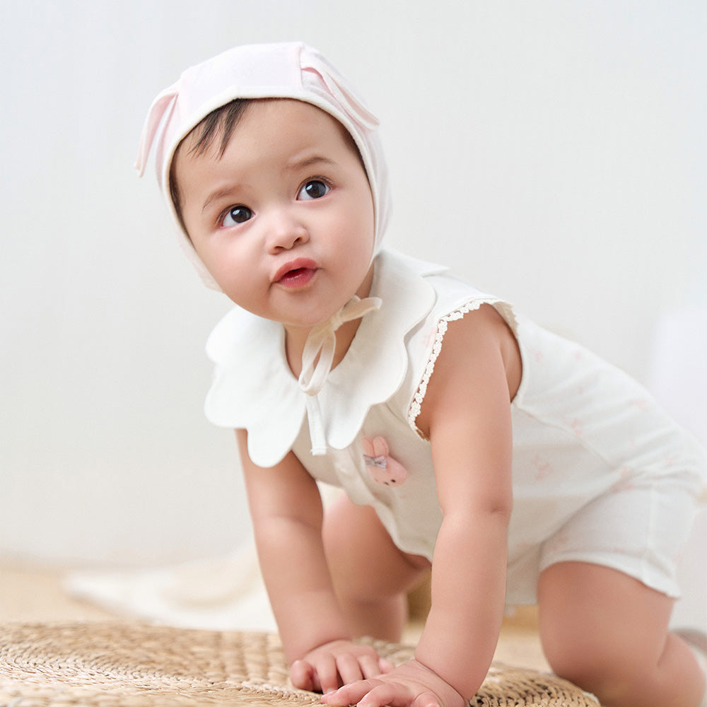 Dave&Bella Summer Baby Girls White Pink Rabbit Lightweight Cotton Cute Doll Collar Romper