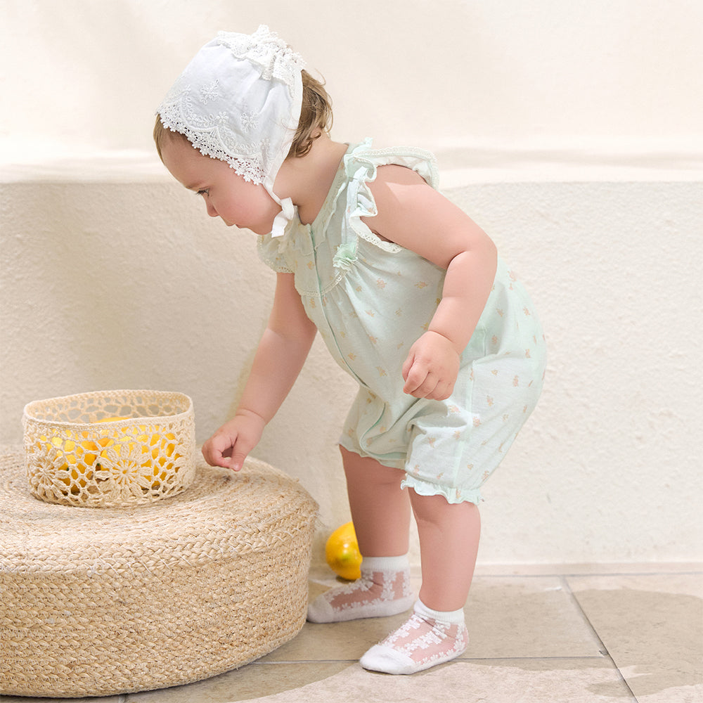 Dave&Bella Baby Girls Summer Adorable Green Floral Sleeveless Breathable Cotton Rompers