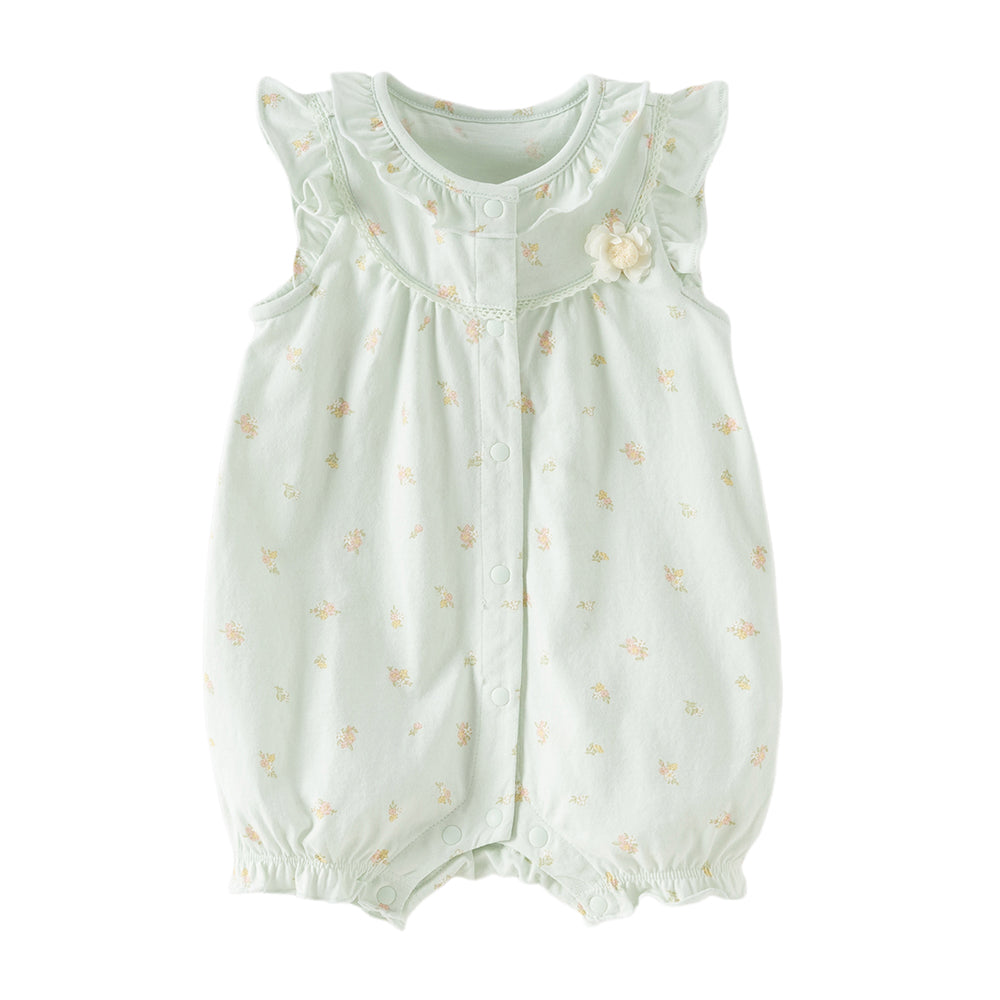 Dave&Bella Baby Girls Summer Adorable Green Floral Sleeveless Breathable Cotton Rompers
