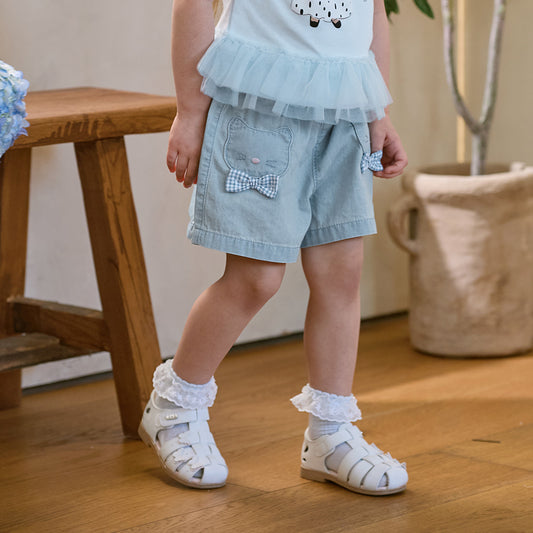Dave&Bella Summer Toddler Girls Denim Blue Cute Cat Embroidery Cotton Soft Daily Shorts