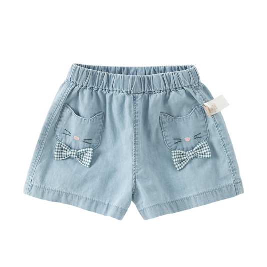 Dave&Bella Summer Toddler Girls Denim Blue Cute Cat Embroidery Cotton Soft Daily Shorts