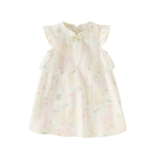 Dave&Bella Summer Toddler Girls Chinese-style Sleeveless Beige Lotus Print A-line Dress