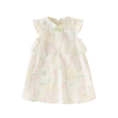 Dave&Bella Summer Toddler Girls Chinese-style Sleeveless Beige Lotus Print A-line Dress