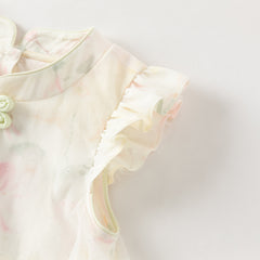 Dave&Bella Summer Toddler Girls Chinese-style Sleeveless Beige Lotus Print A-line Dress