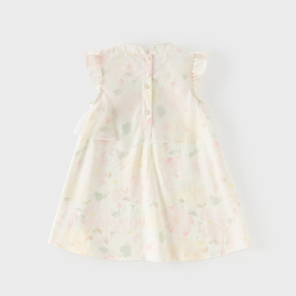 Dave&Bella Summer Toddler Girls Chinese-style Sleeveless Beige Lotus Print A-line Dress