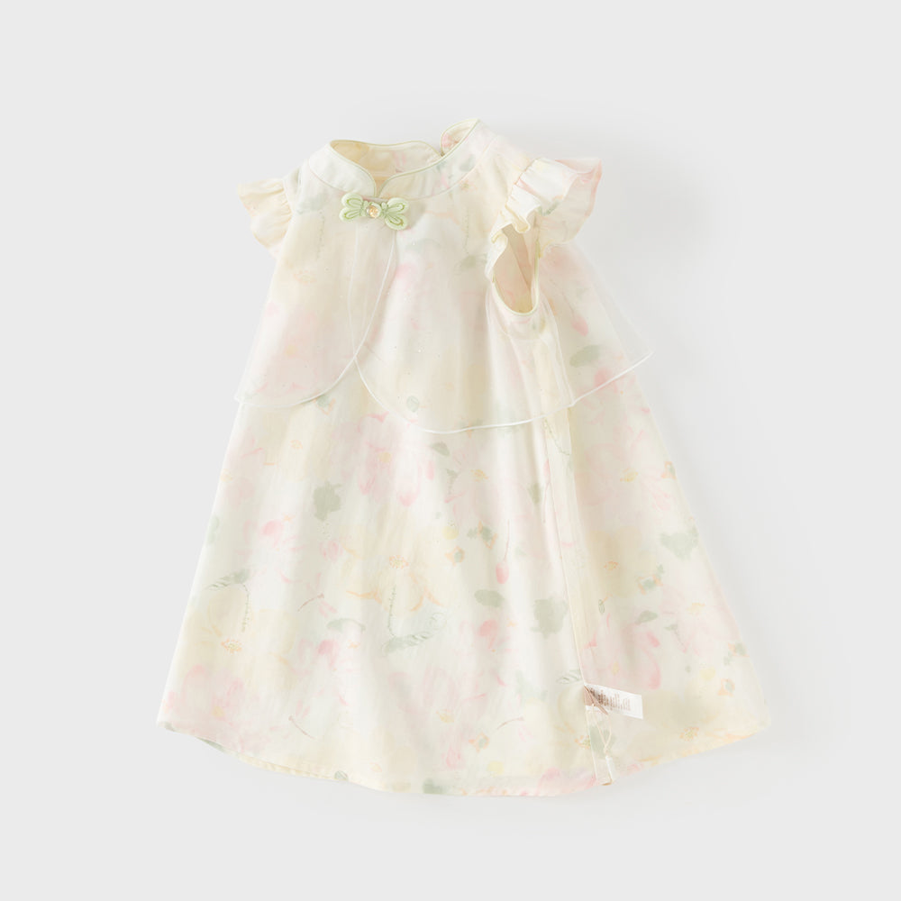 Dave&Bella Summer Toddler Girls Chinese-style Sleeveless Beige Lotus Print A-line Dress