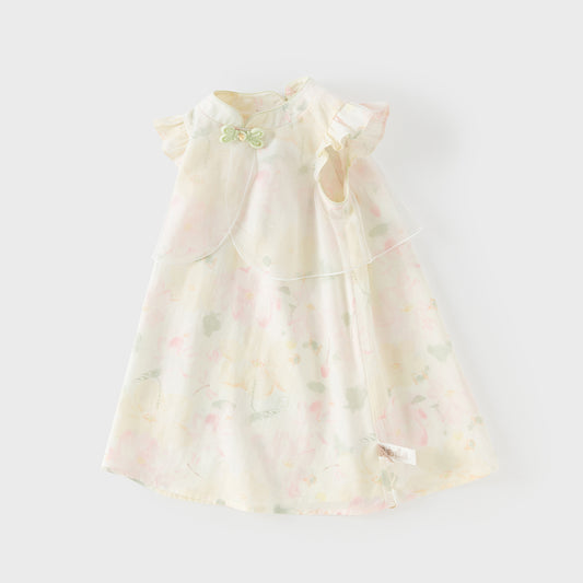 Dave&Bella Summer Toddler Girls Chinese-style Sleeveless Beige Lotus Print A-line Dress